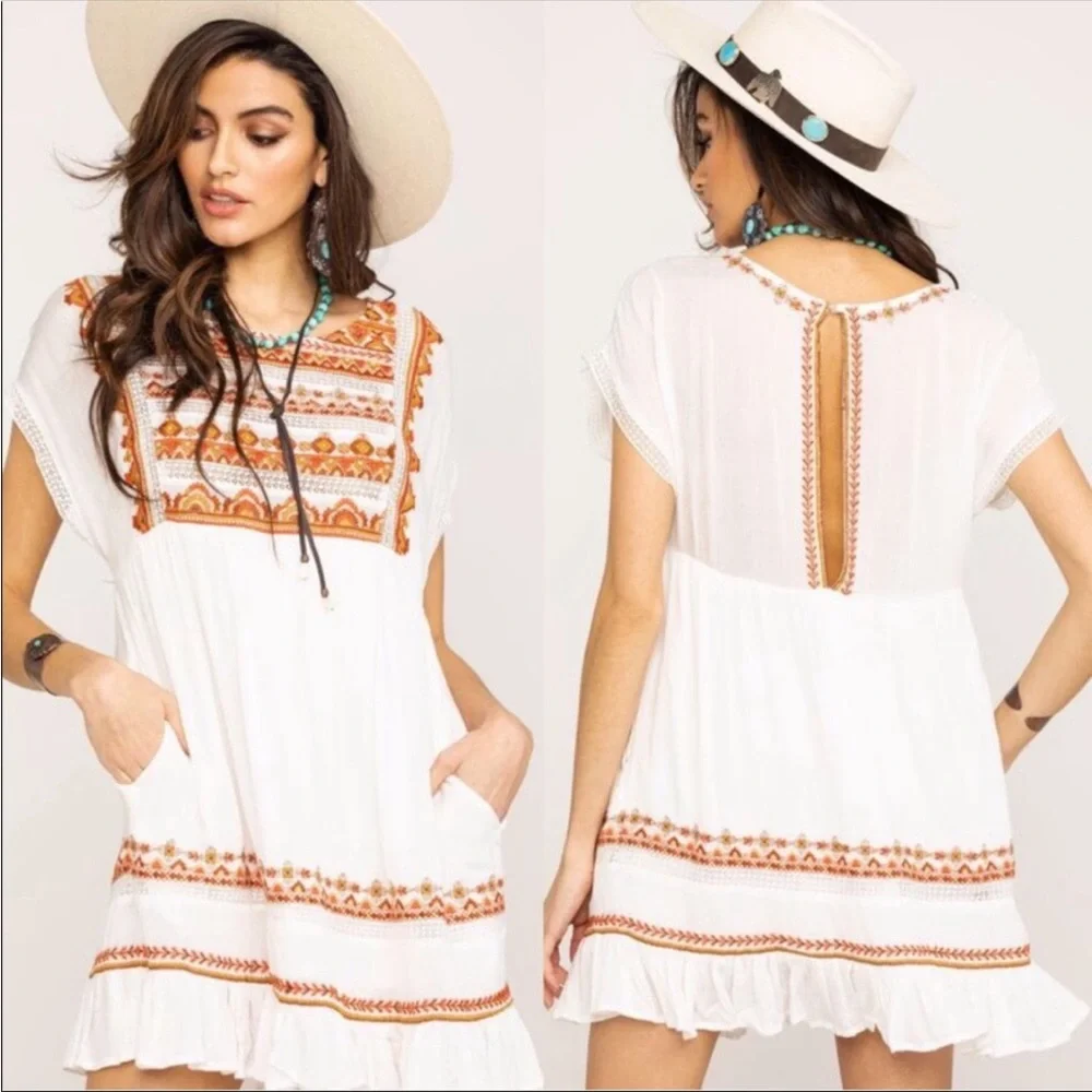 FREE PEOPLE Ivory Embroidered Sunrise Wanderer Mini Dress